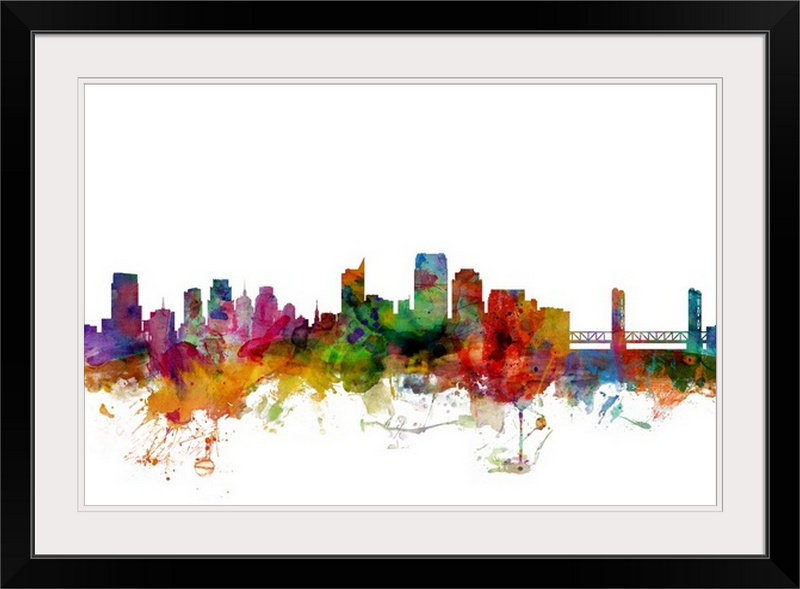 «Sacramento California Skyline» par Francy, impression, Cadre noir, H 32 po x l 44 po x P 1 po