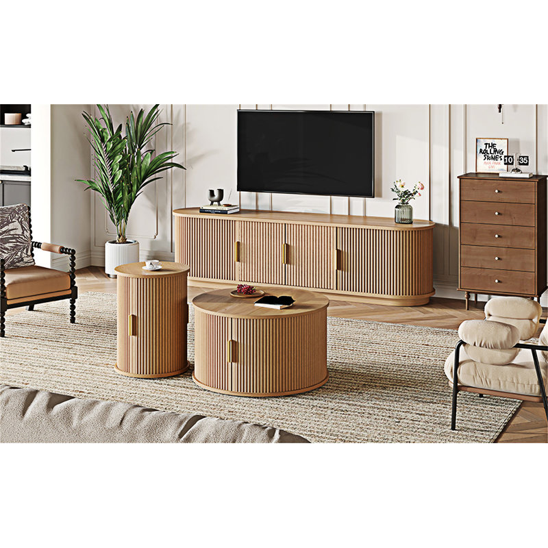 Meuble télé et table basse en bois avec portes coulissantes cannelées, Naturel