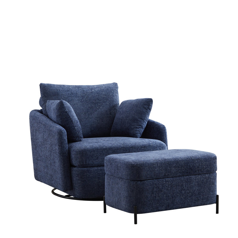 40.53" W Upholstered Swivel Accent Armchair With Storage Ottoman, Navy Chenille