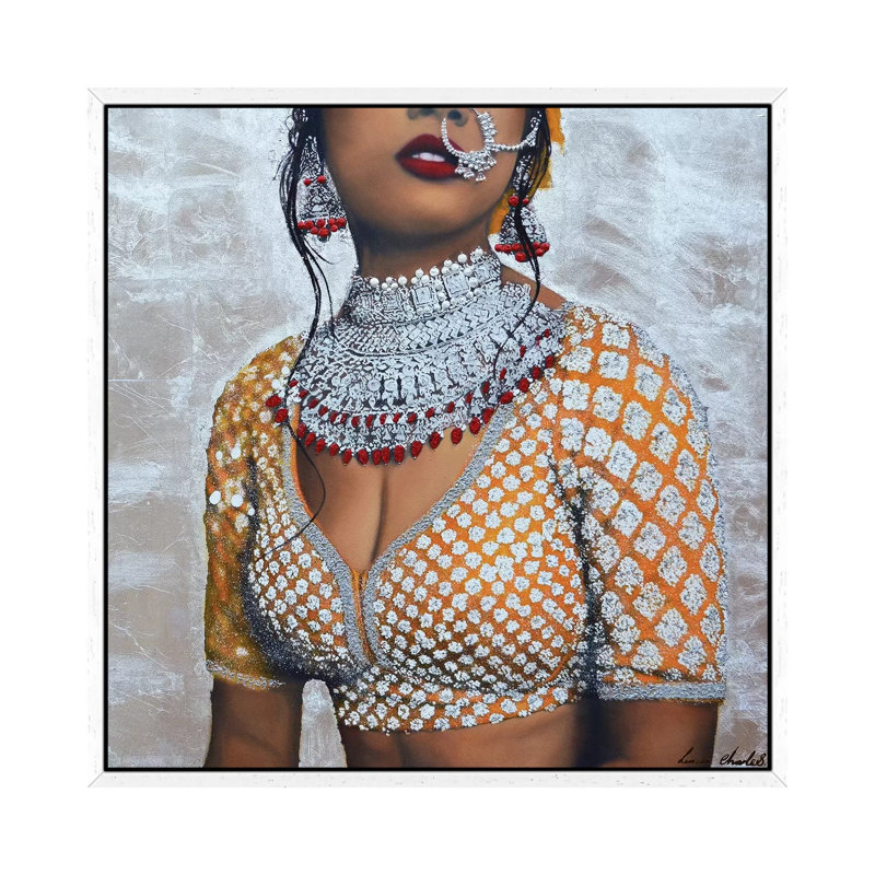 Indian Couture I (Silver) by Linda Charles - Painting on Canvas, 66.04cm H x 66.04cm W x 3.81cm D, White Floater Framed