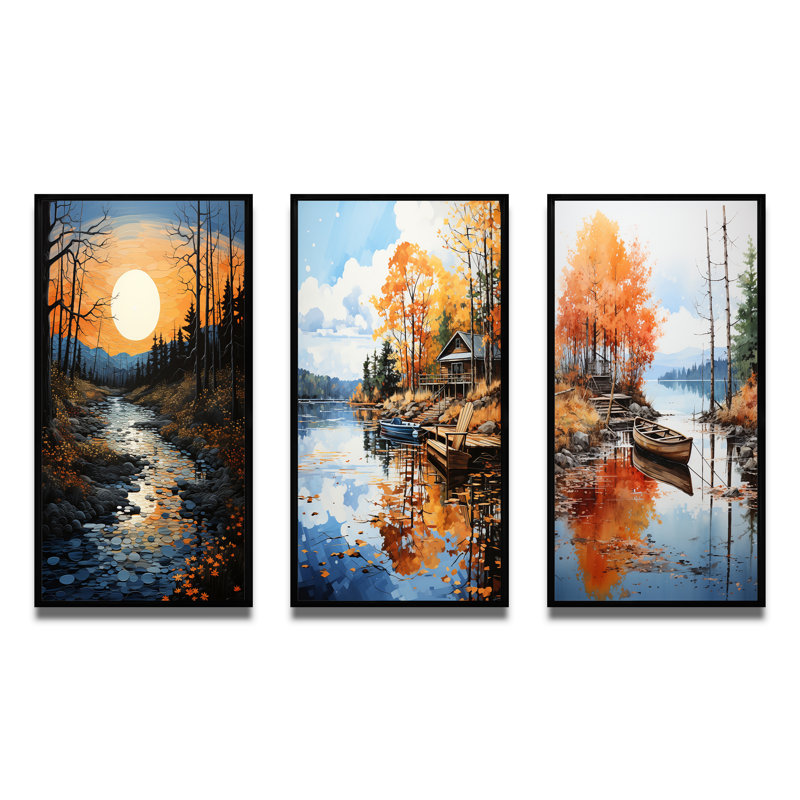 «Lake At Dusk», 3 pièces sur toile, Cadre noir, H 20 po x l 36 po