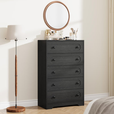 Commode Mid-Century moderne à 5/6 tiroirs pour chambre à coucher - Commode de rangement haute et large avec tiroirs profonds, boutons en métal, structure en bois robuste - idéale pour la chambre de bébé, le salon, le couloir - noir