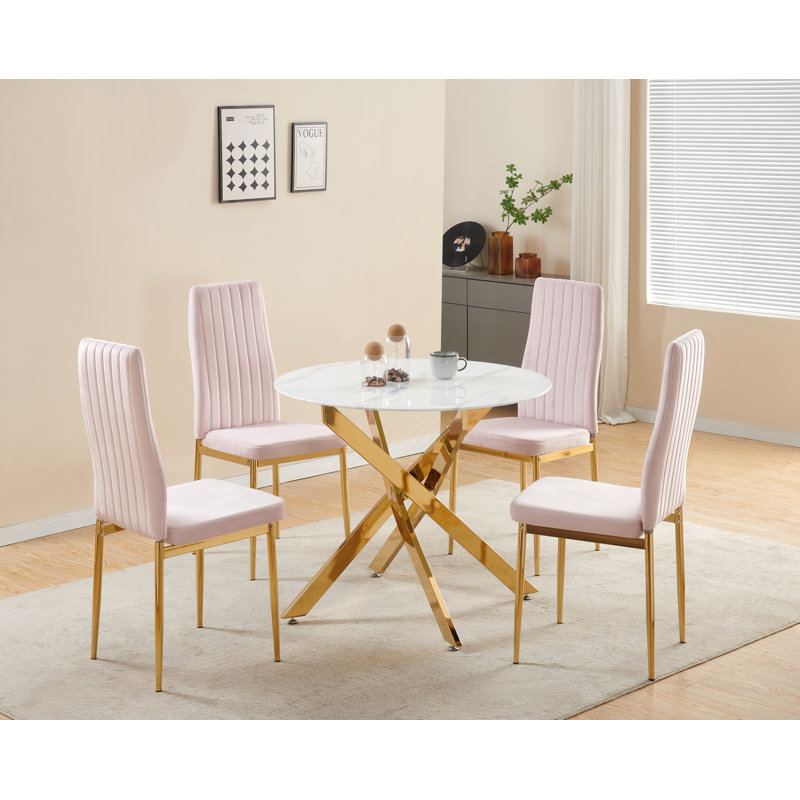Auric Round Dining Table with 4 Glitz Velvet Chairs (Set of 5), Pink