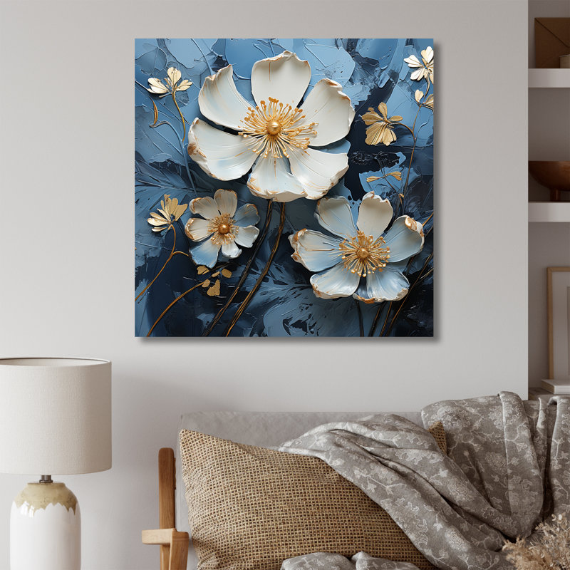 «White and Blue Buttercups Minimalisme IV», reproduction d'art sur toile, Toile tendue, H 16 po x l 16 po x P 1 po