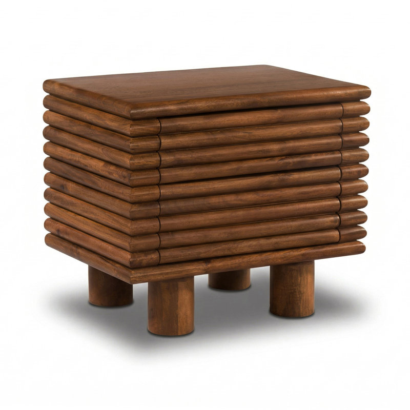 Table de chevet Flascio en bois de manguier massif avec motif nervuré en noyer