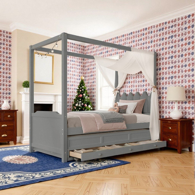 Structure de lit pleine grandeur avec lit gigogne et tiroirs de rangement Princess, Gris, Lit double