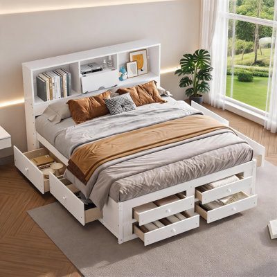 Storage Platform Bed for Master Bedroom, White-Toned Solid Wood King Size Frame with Eight Integrated Storage Drawers