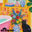 Mignon chat, rideau de douche à motif d'illustrations de dopamine, décor de salle de bain à motif de plantes tropicales noires et mates, 72 po x 72 po