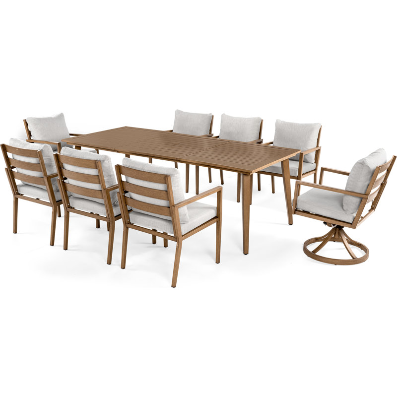 Ensemble repas 9 pièces en aluminium brun avec table rectangulaire Michael, 2 chaises pivotantes et coussins gris clair
