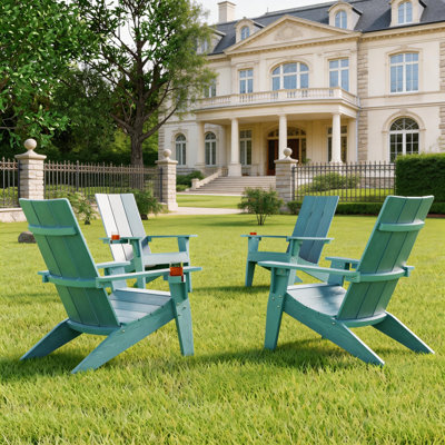 Ensemble de 4 chaises Adirondack surdimensionnées tout temps Aurra avec porte-gobelets rétractables, chaises de foyer en plastique HIPS (bleu)