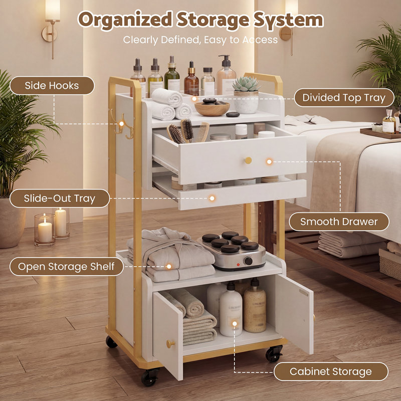 2-Tier Potable Station Rolling Cart with Locking Wheel, Mobile Storage for Salon, Spa, Office, Barber Shop, White