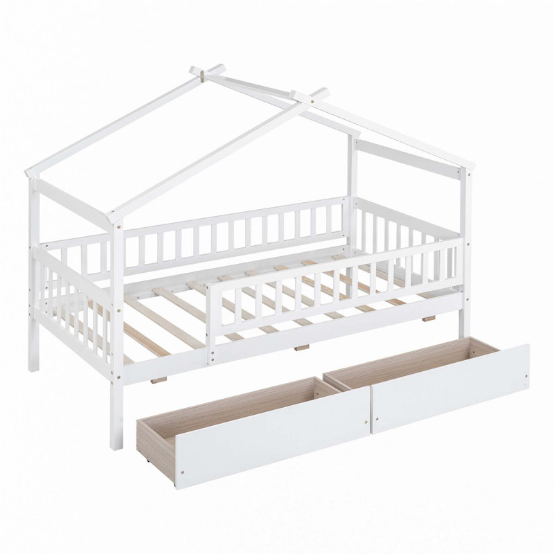 Lit en bois avec deux tiroirs, Simple, Blanc
