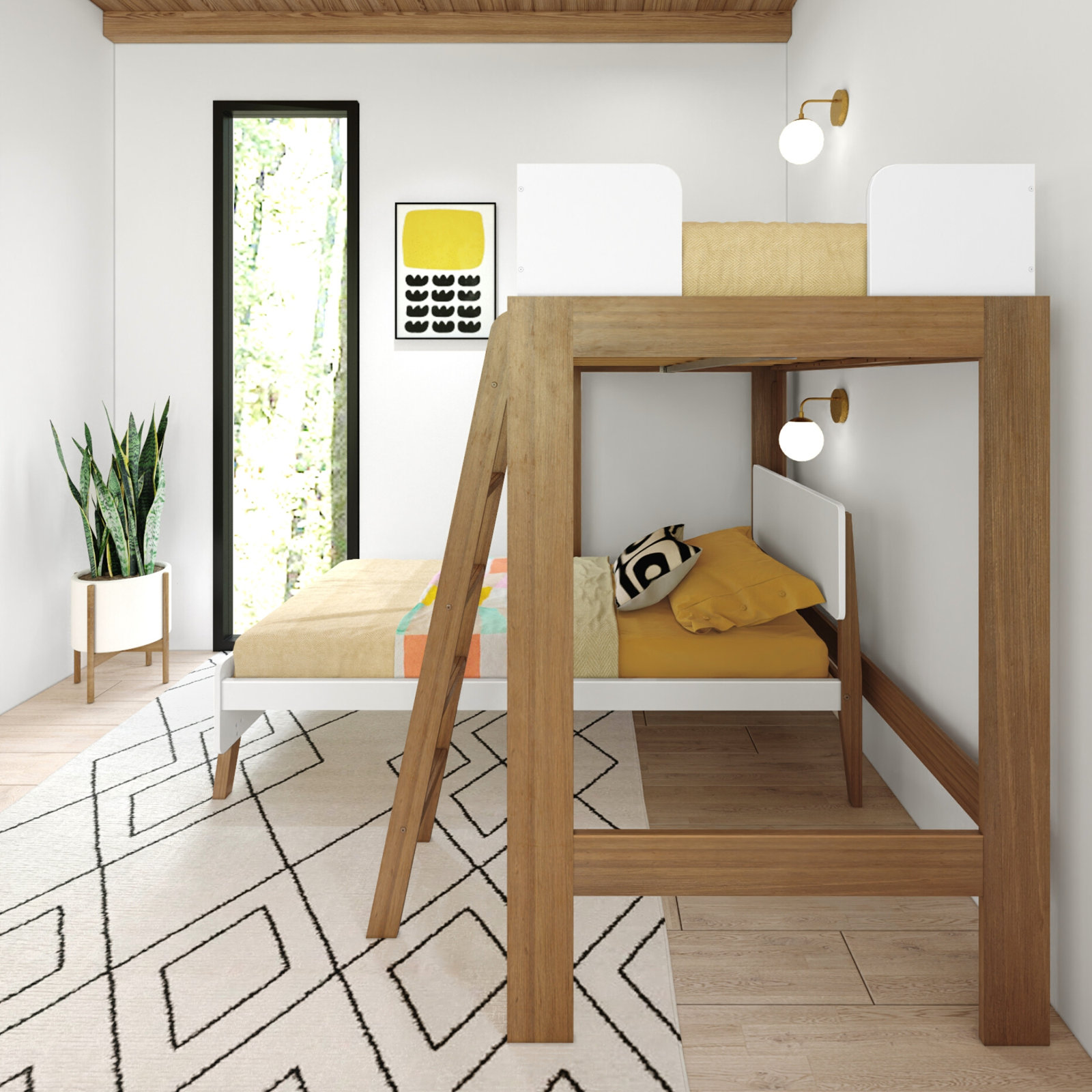 Ambur L-Shaped Bunk Bed, Twin over Twin, White/Brown