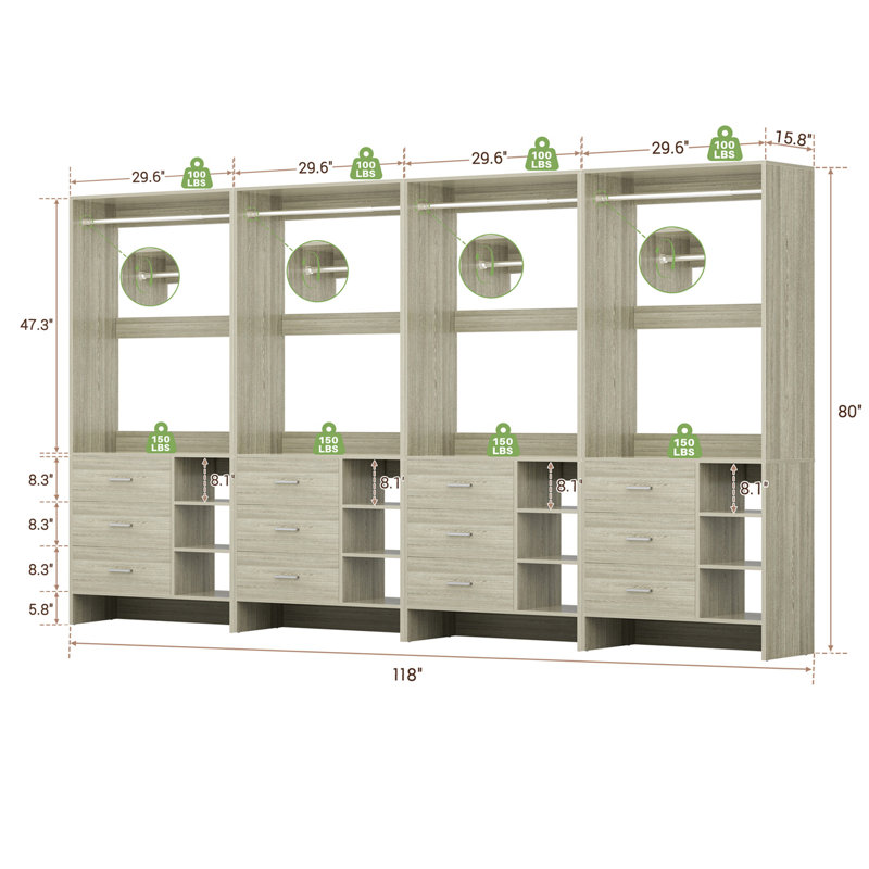 10ft Closet System with Wooden Drawers and Hanging Rods, Gray
