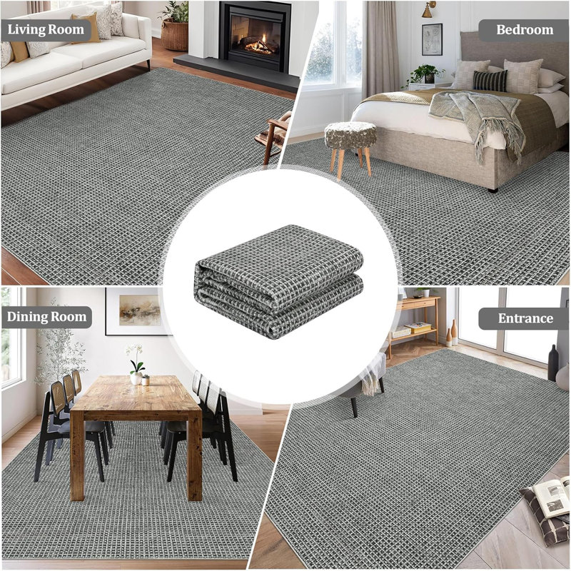 Area Rugs Washable Boho Non-Slip Dining Room Soft Thin Waffle Print Bedroom Indoor Floor Carpet for Living Room Light Grey