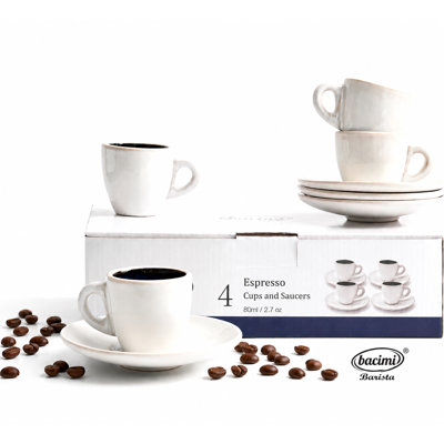 Bacimi® Espresso Cups and Saucers Set of 4 – 2.7oz Thick Barista Style Stoneware Cups - Blue Glaze Classic Italian Design - Ceramic Cups For Espresso, Macchiato, Doppio – Dishwasher & Microwave Safe
