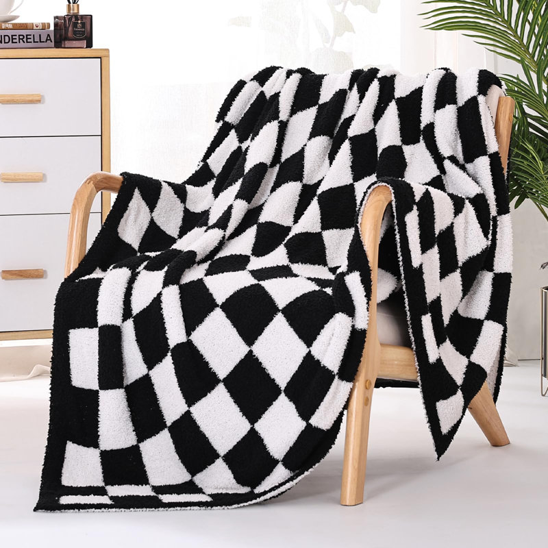 Ultra Soft Black and White Checkered Fleece Throw Blanket