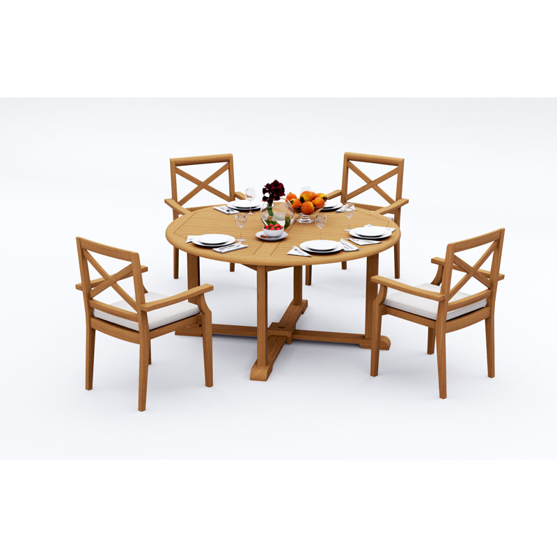 4 Seats 5 Pcs Grade-A Teak Wood Dining Set: 60" Round Table And 4 Granada Stacking Arm Chairs #11GR1204, 4