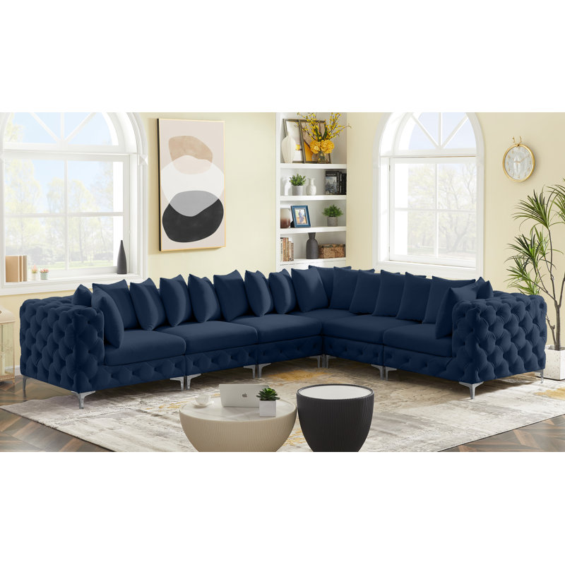 Tremblay Velvet L-Shaped Sectional Reversible, Navy Velvet