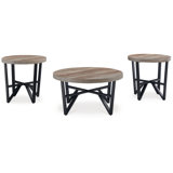 Hya 3Pc Coffee And End Table Set, Brown Wood Round Top, Black Angular