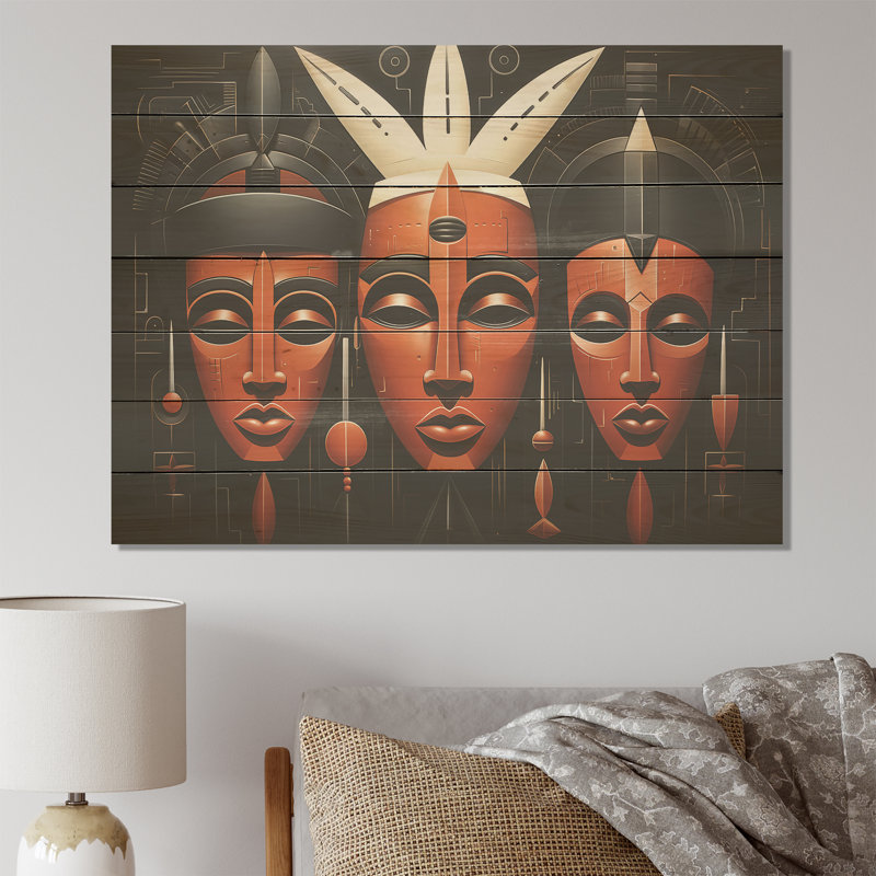 Black And Orange African Kuba Patterns Mask - African Mask On Wood Print, 30" H x 40" W x 0.78" D