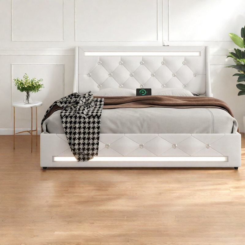 Lit moderne blanc avec rangement, structure en métal et lumières à DEL pour la maison
