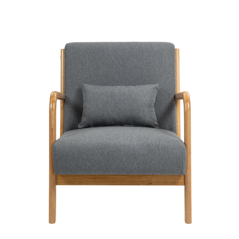 Upholstered Cotton Armchair, Grey Polyester Blend, Natural Wood