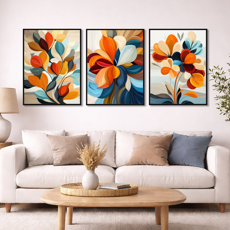 Mid Century Enchanted Bloom Flowers - Orange Abstract Floral, art mural 3 pièces, Cadre flottant noir, H 32 po x l 72 po