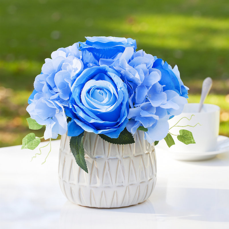 Centre de table hortensia artificiel mixte en pot, Bleu