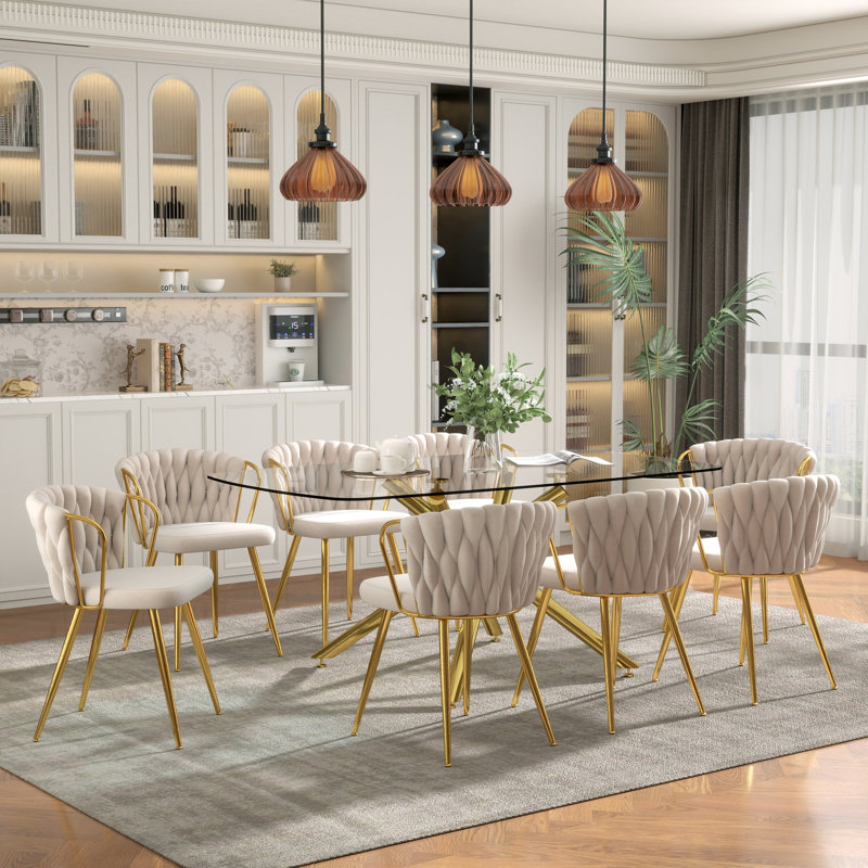 Elegant 71" Modern Retro Dining Table Set For 4-8, Rectangular Glass Top Dining Table With Stainless Steel Base & Velvet Arm Chairs, Multi-Purpose Kitchen Dining Room Furniture For Gathering, Living Room, Restaurant