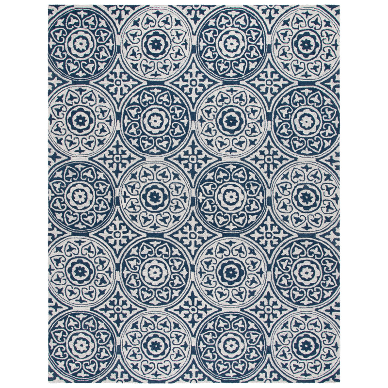 Norissa Hand Tufted Wool/Cotton Geometric Rug in Ivory/Blue, Rectangle 8' x 10'
