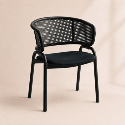 Chaise de salle à manger moderne à dossier canne Daishun, fauteuil incurvé en rotin en forme de U, siège d'appoint rembourré avec pieds en métal noir