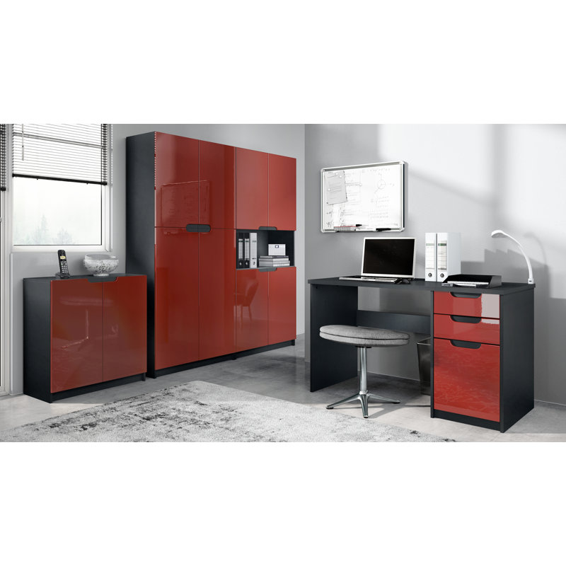 Mazeppa 3 Piece Writing Desk Office Set, Bordeaux/Black Base
