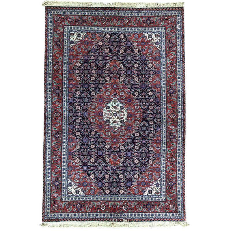 Tapis bleu marine / blanc / rouille de haute qualité noué à la main