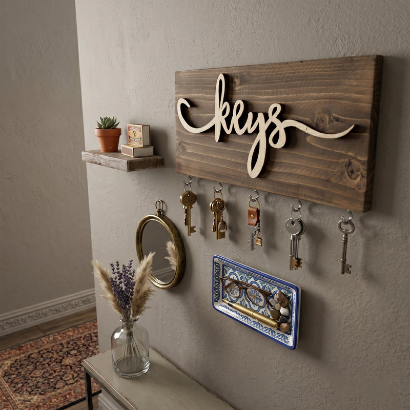 "Keys" Rustic Wood Wall-Mounted Key Holder