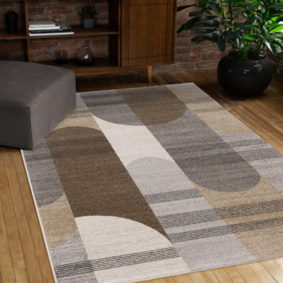 Tapis crème rétro à motif géométrique brun et rétro
