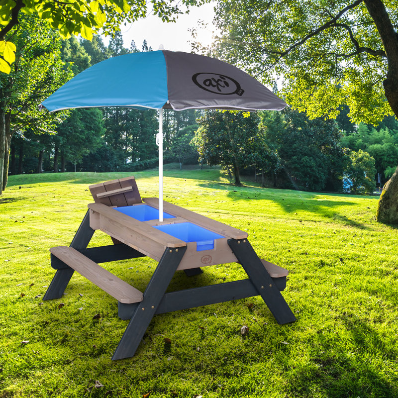 Kids 2 Piece Solid Wood Rectangular Outdoor Table Or Chair and Chair Set, Brown/Charcoal
