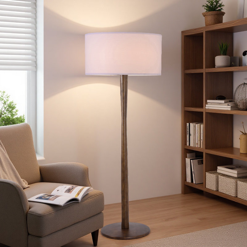 61" Walnut Floor Lamp with 19.7" Large Fabric Drum Shade, Solid Wood Standing Lamp for Living Room, Bedroom, Office & Corner, UL Listed, Bulb Not Included