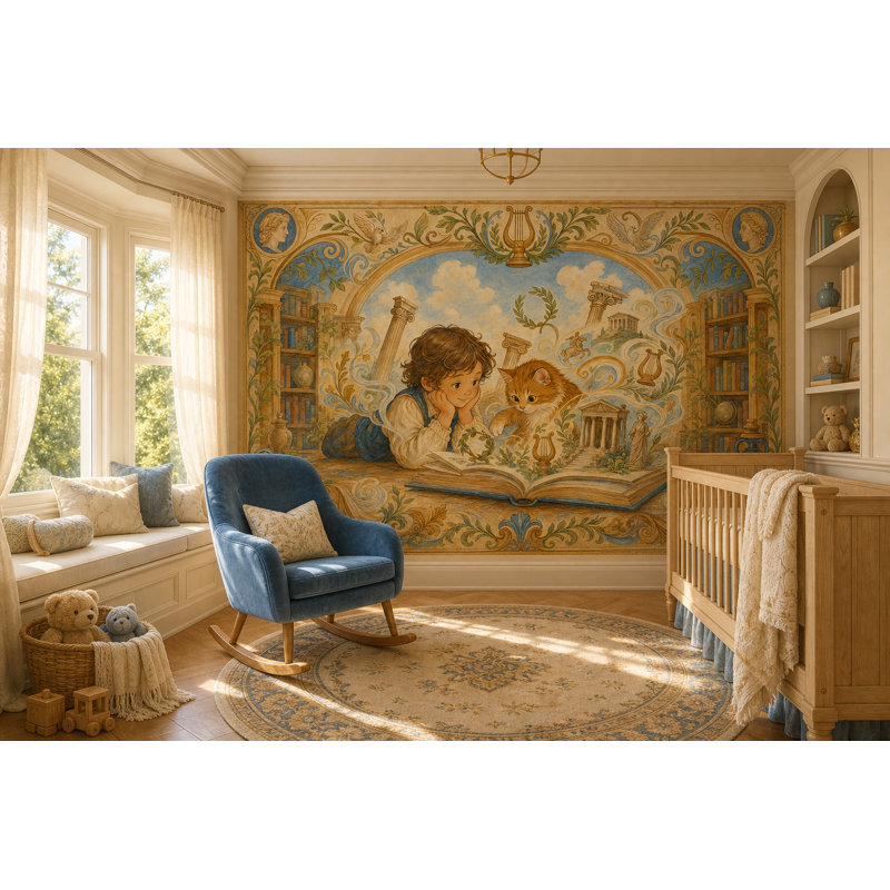 Papier peint mural représentant un enfant lisant une bibliothèque avec des colonnes gréco-romaines., 200"x120"