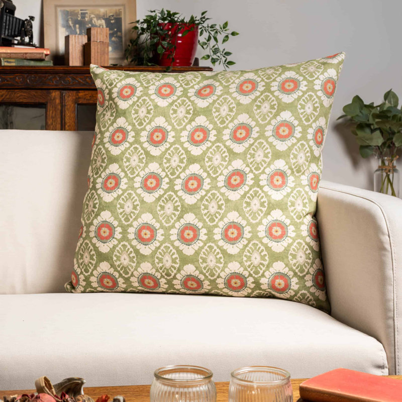 Mandala Motif Linen Print Cushion in Green, 58x58cm, Cover only
