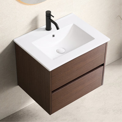 Floating 24" Bathroom Vanity With Porcelain Sink And Plywood Cabinet, Cultured Marble Surface For Stain- Clean-up, Smooth Drawer Operation, 22.85" Depth, 19.39" Width Vanity, Ceramic Vessel To