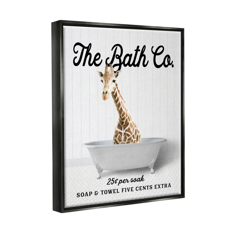 «Vintage Bath Ad Giraffe», art mural encadré sur toile flottante par lettré et doublé, Cadre flottant noir de jais