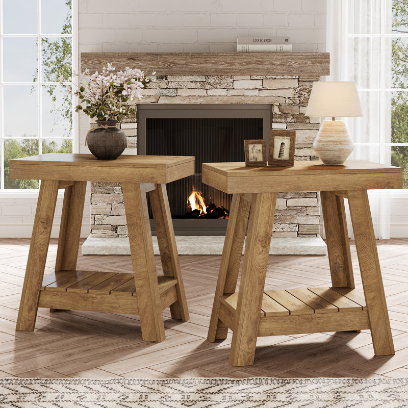 Petite table de bout à 2 niveaux, petit canapé en bois pour le salon (ensemble de 2), Naturel