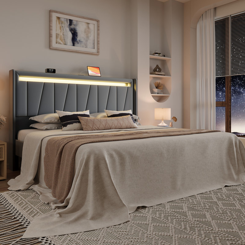 Modern Upholstered Bed Frame With RGB LED Lights, Charging Station & Geometric Wingback Headboard, Gray, King