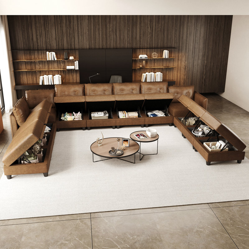 Modular Sectional Sofa With Storage, Modern Brown Faux Leather, Reversible Chaise, U Shaped Couch For Living Room, Waterproof & Easy Clean, 7 Seats With 5 Ottomans