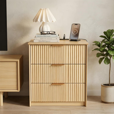 Fluted 3-Drawer Nightstand with Charging Station, USB Type-C Ports and Power Outlets, Wood Bedside End Table