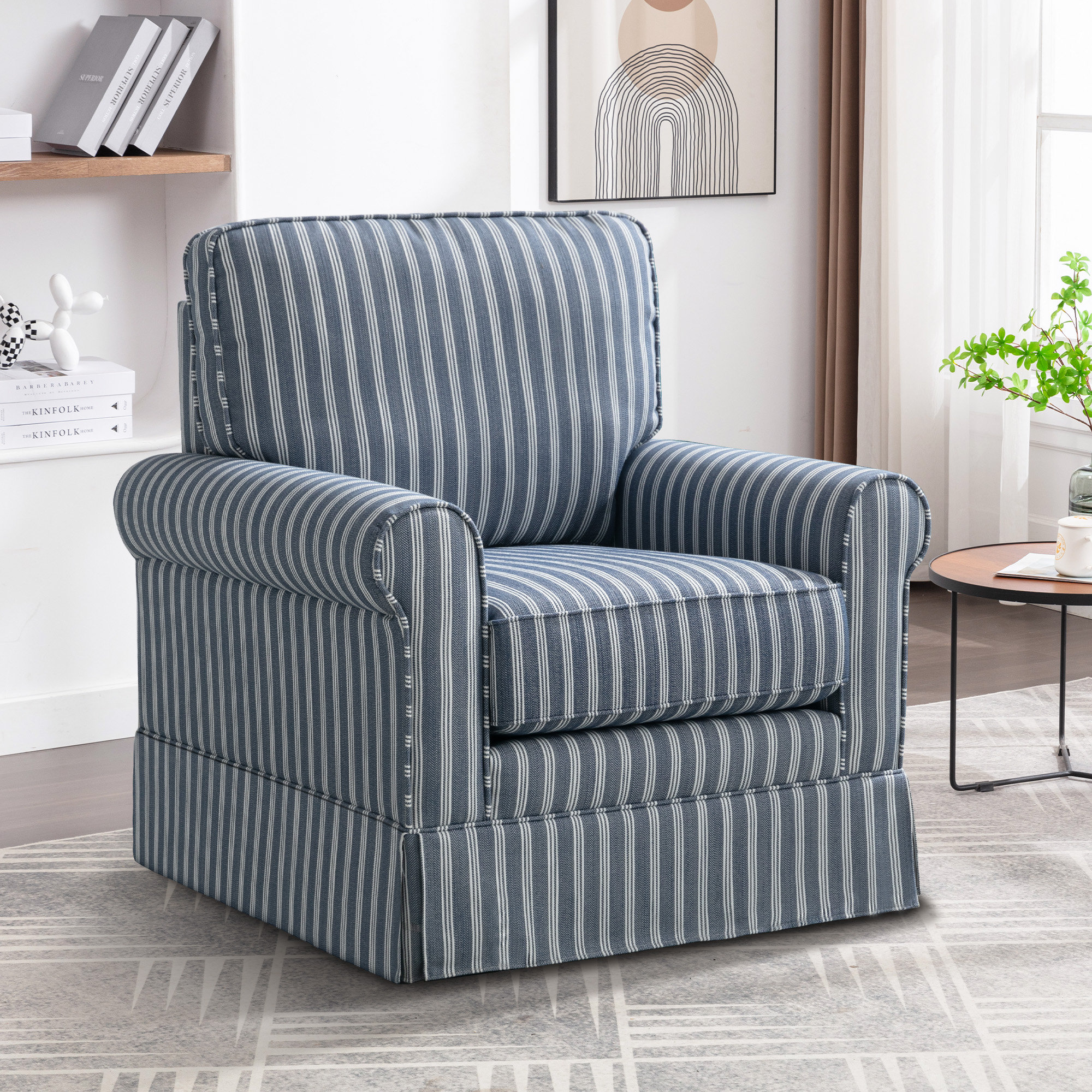 Dovecove 33.1" W Modern Soft Wide Upholstered Striped Swivel Arm Accent Chair & Reviews | Wayfair