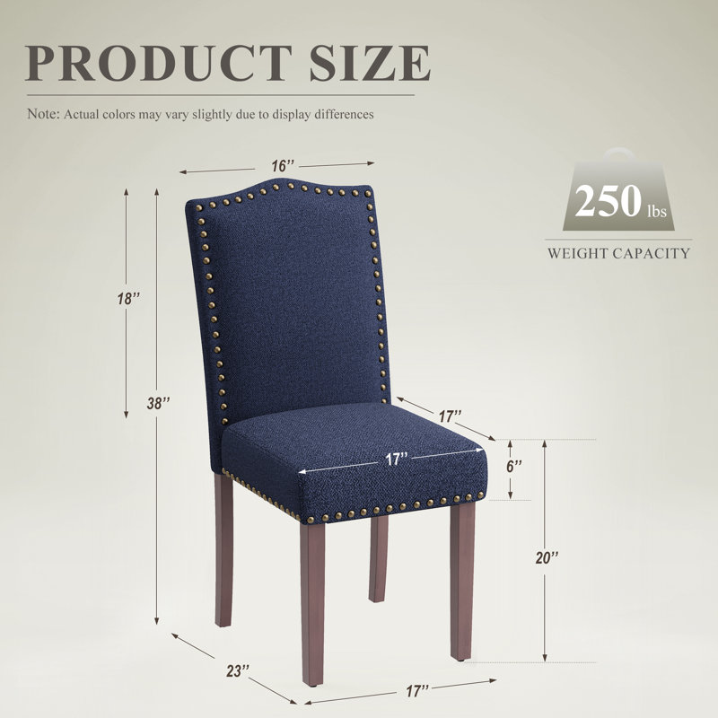 Chaise de salle à manger rembourrée en tissu de lin moderne moelleux de 6 po d'épaisseur avec pieds en bois massif, garniture cloutée et dossier haut ergonomique