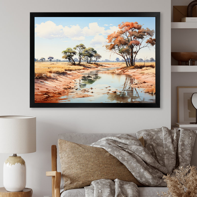Paysage africain beige et vert sur toile, H 24 po x l 32 po x P 1 po, Cadre simple noir