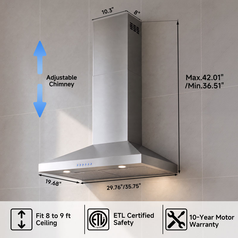 30 po. Hotte murale convertible 400 pi³ / min en acier inoxydable avec commande à bouton-poussoir, garantie à long terme